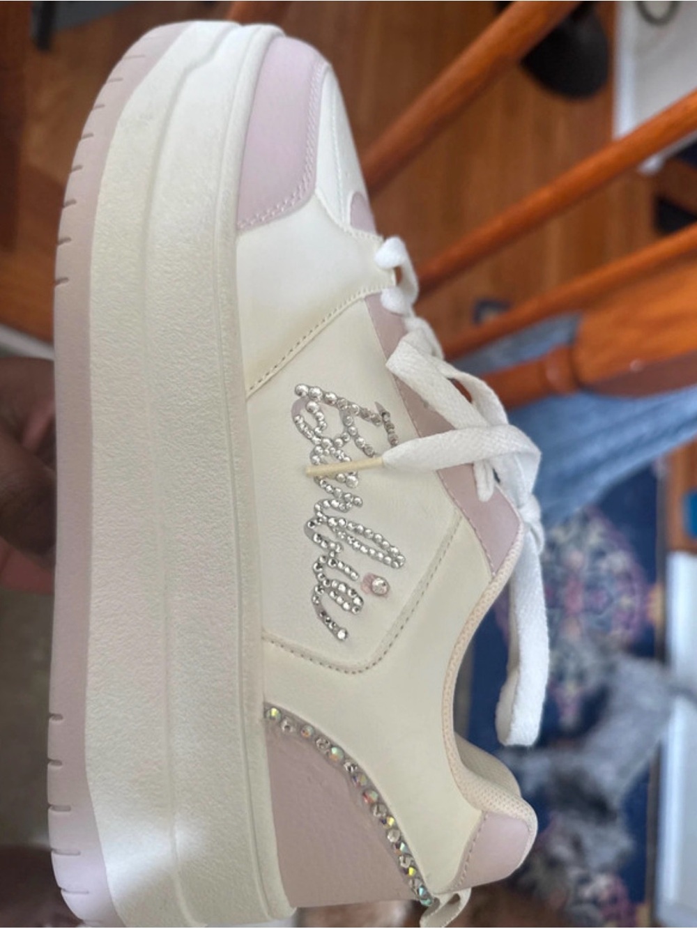Mattel White and Light Pink Platform Sneakers with Rhinestone Trim custom